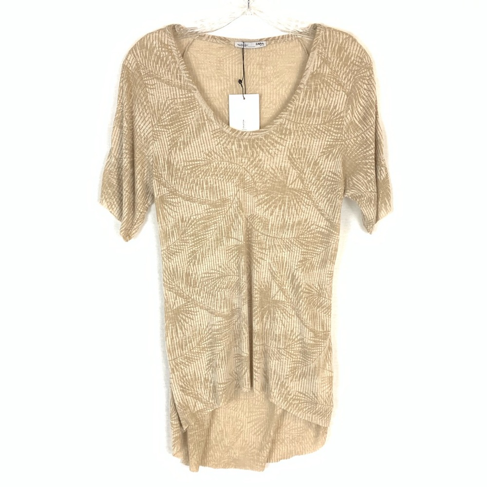 Zara Tan Ribbed Palm Leaf Semi Sheer High Low Top